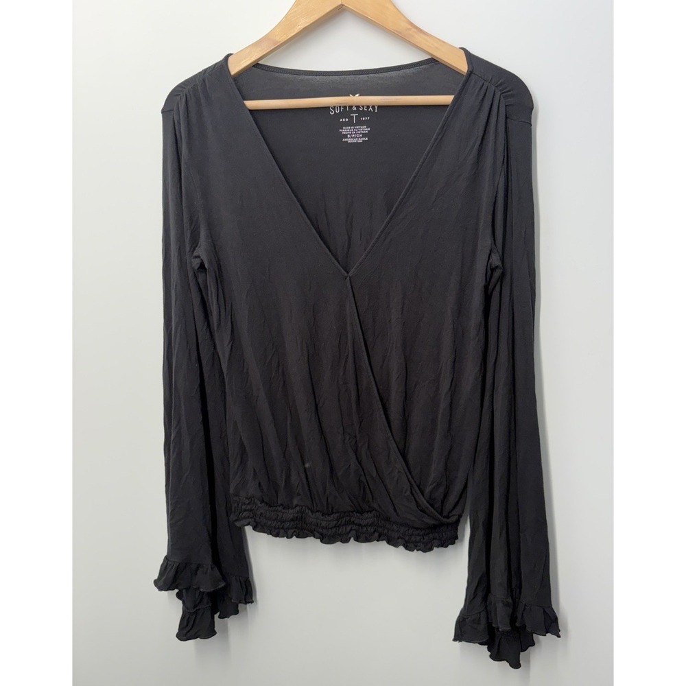 American Eagle Soft & Sexy Black Long Sleeve Crop Top Bell Sleeve Size Small